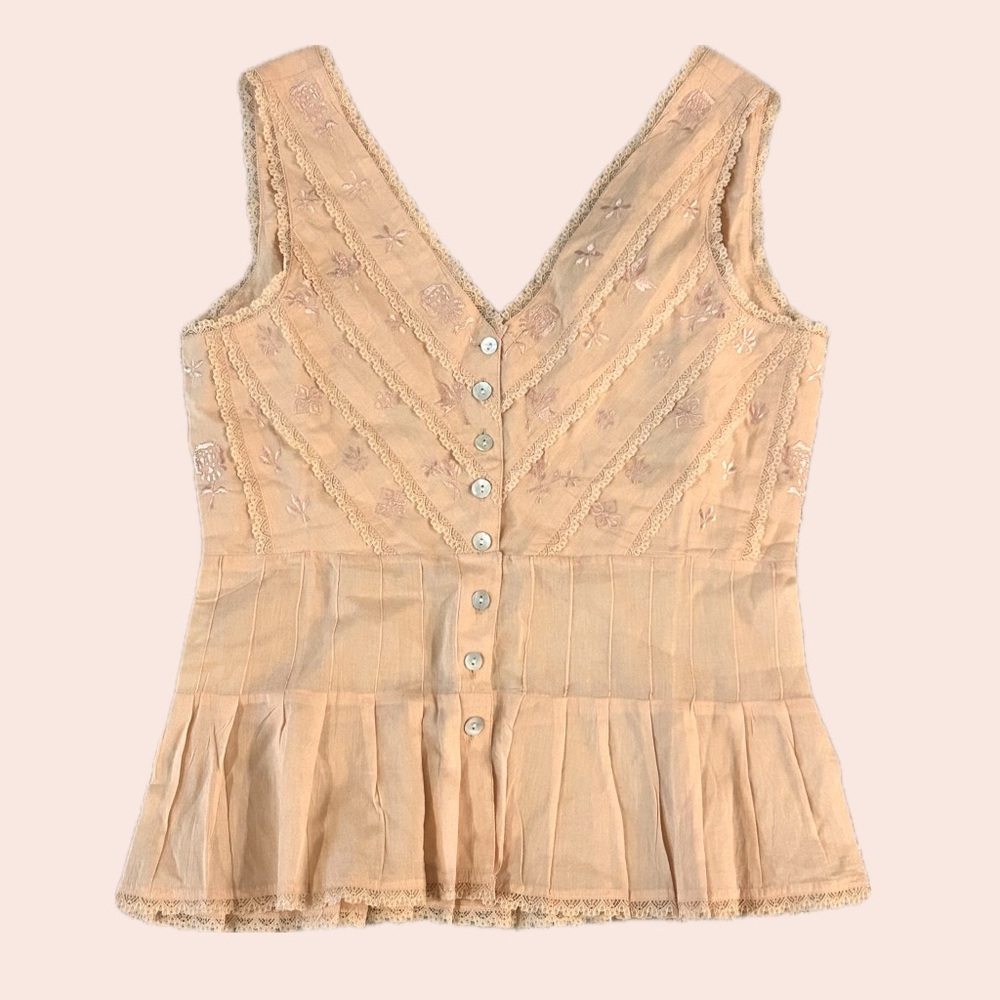 NWT Babydoll Button-Up Lace Sleeveless Blouse in Peach by Chaudry KC - S